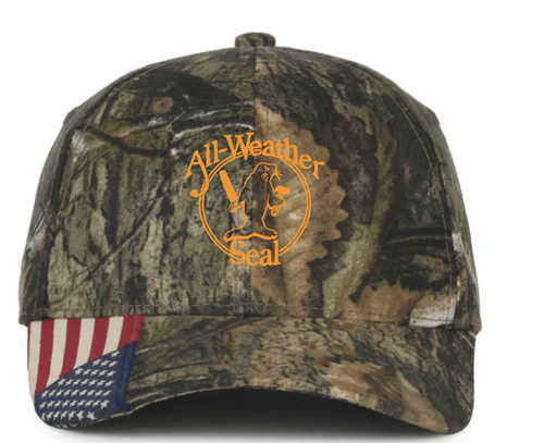 All Weather Seal Camo hat with AWS embroidered in hunter orange